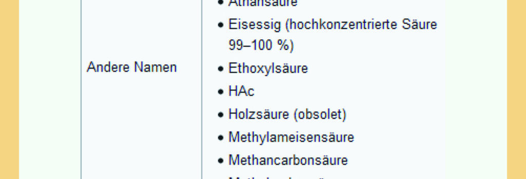Benennungen von Essigsäure im Wikipedia-Eintrag