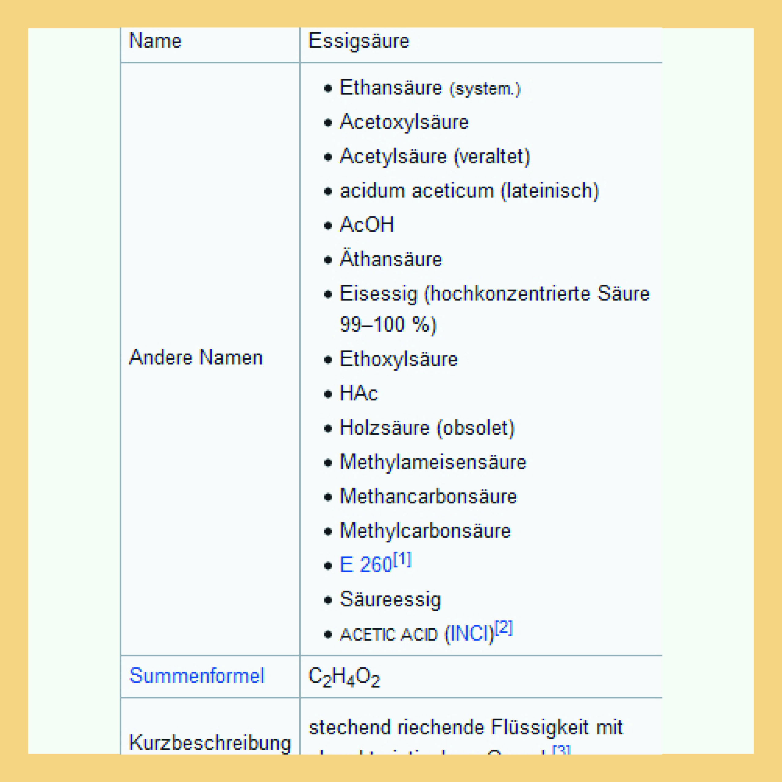 Terminologischer Datenbankeintrag in Wikipedia für Essigsäure